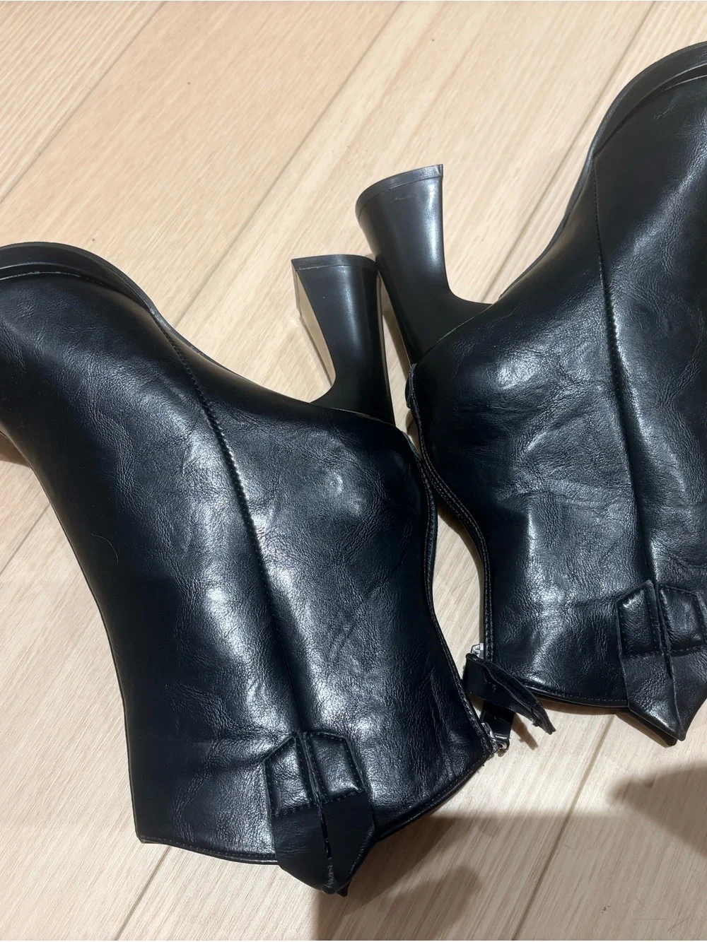 Black Leather Pointed Ankle Boots with Silver Metal Toe Accent